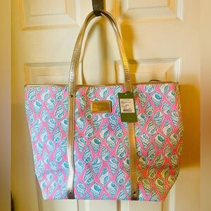 Lilly Pulitzer Tote “A Little Tipsy” Colorful Beach Bag Pink Shells Gold - New